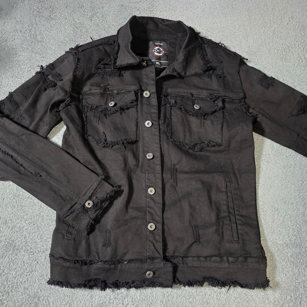 Focus Mens XL Denim Trucker Jacket Black Distressed Frayed Streetwear Edgy